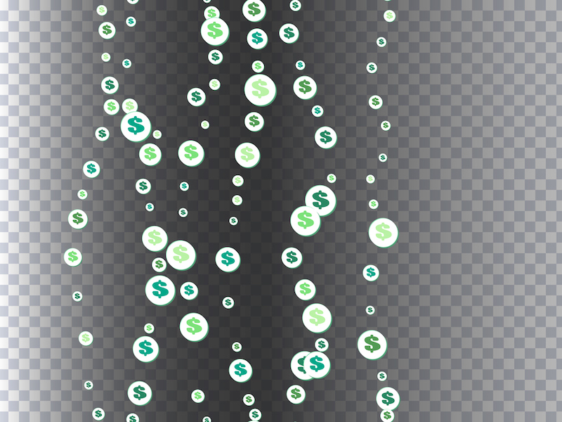 Horizontal Seamless Pattern of the symbols of dollar currency on transparent. Vector background with green signs of dollars. The pattern can be used for your ad, poster, banner of USD money. Vector