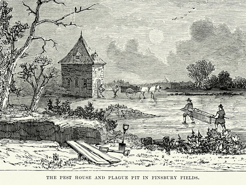 The pest house and Plague Pit in Finsbury Fields during the Great Plague of London 1665 to 1666