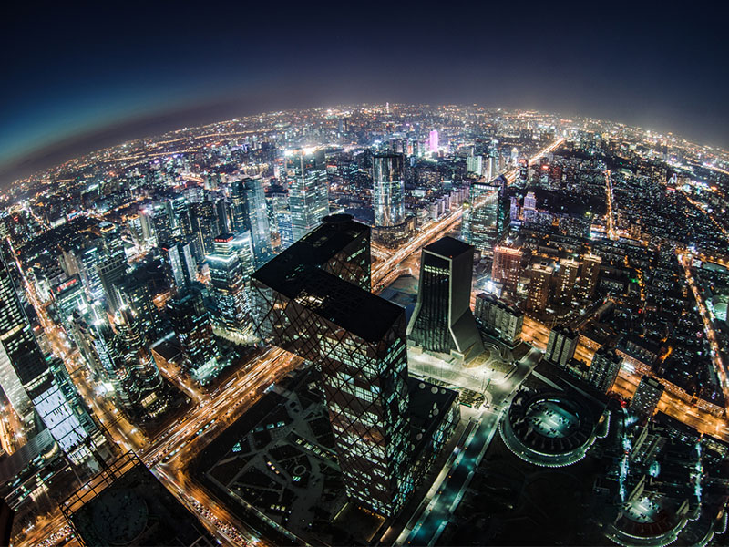 Fisheye and Aerial View of Beijing Skyline at Night