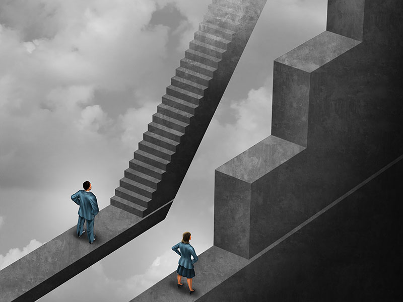 man and woman facing easy and difficult staircases