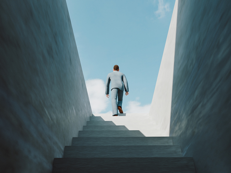 Man walks the ladder of success and reaches the top