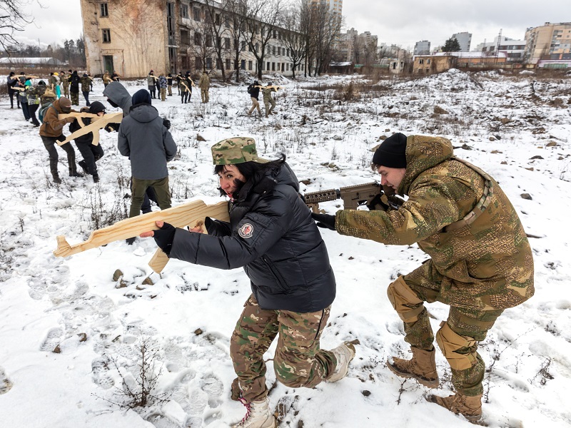 Territorial defense exercises amid the threat of a Russian military invasion of Ukraine. Military exercises for civilians in Kyiv, Ukraine