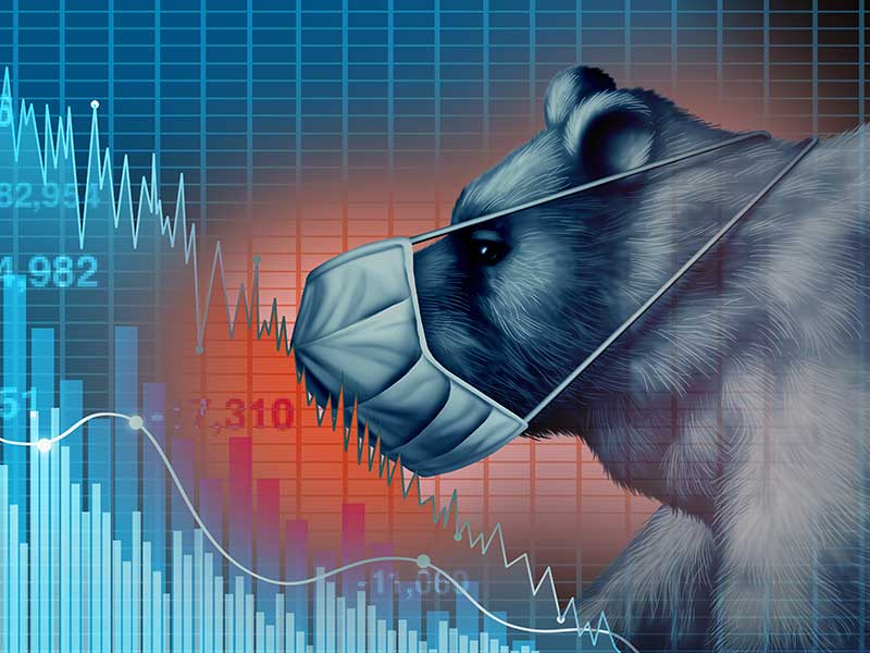 Stock market disease and economy health care as an economic pandemic fear and coronavirus fears or virus Outbreak and selling as a bear financial recession concept with 3D illustration elements.