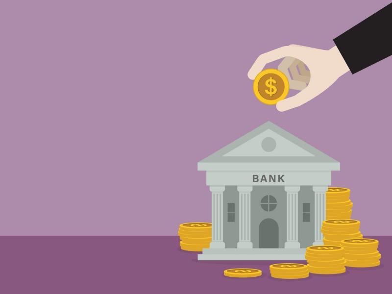 Businessman putting a US dollar coin into a bank stock illustration