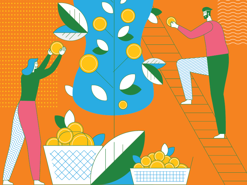 Two people harvesting money from a tree