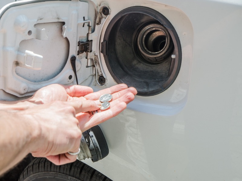 Close up on man's hands counting his money at gas station with car gas door open