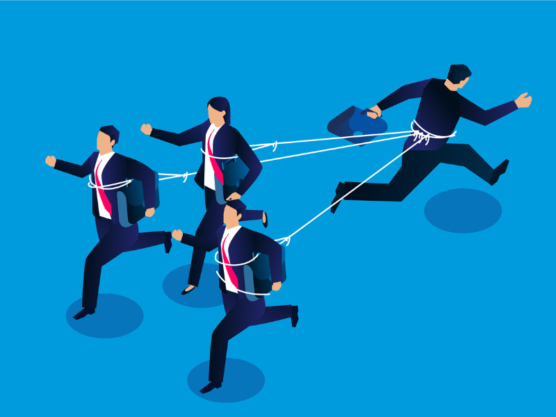 A businessman and three businessmen are tied with ropes and run in opposite directions, the concept of business competition and conflict