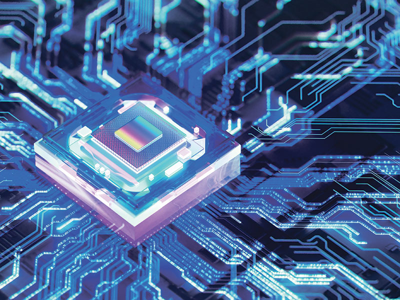 Chip with lighting effect suggesting information flow