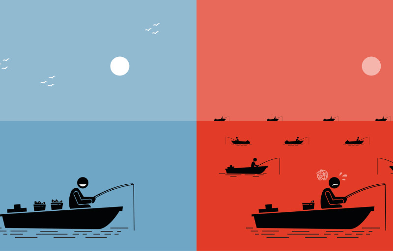 Vector artwork depicts competition, clash, struggle, competitors, uncontested market, and successful business strategy