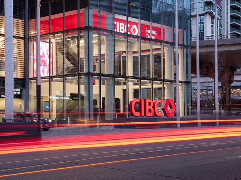 CIBC sign street level sign in front of banking centre
