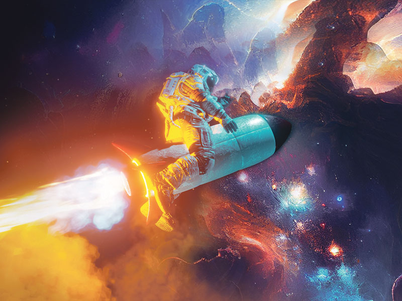 Man in a space suit riding a rocket into space