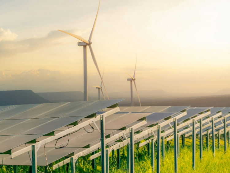 Image of solar and wind turbines farm, in a green field, representing sustainable energy and resources.