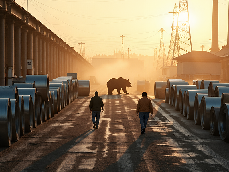 2 mens walking towards a bear at an industrial plant at sun down.