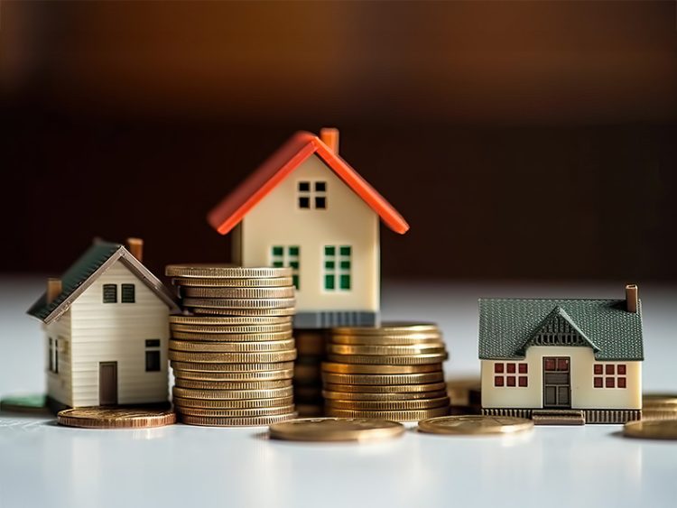 Photo of a small house perched on a heap of golden coins