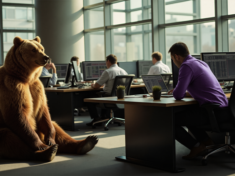 A bear sitting in front of a work desk having a consultation with an advisor