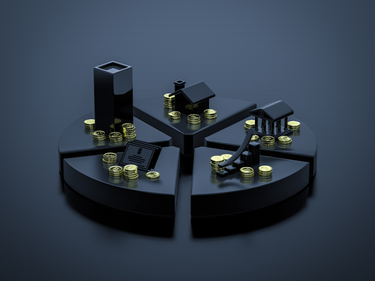 Circle chart showing different areas of investment on a black background.