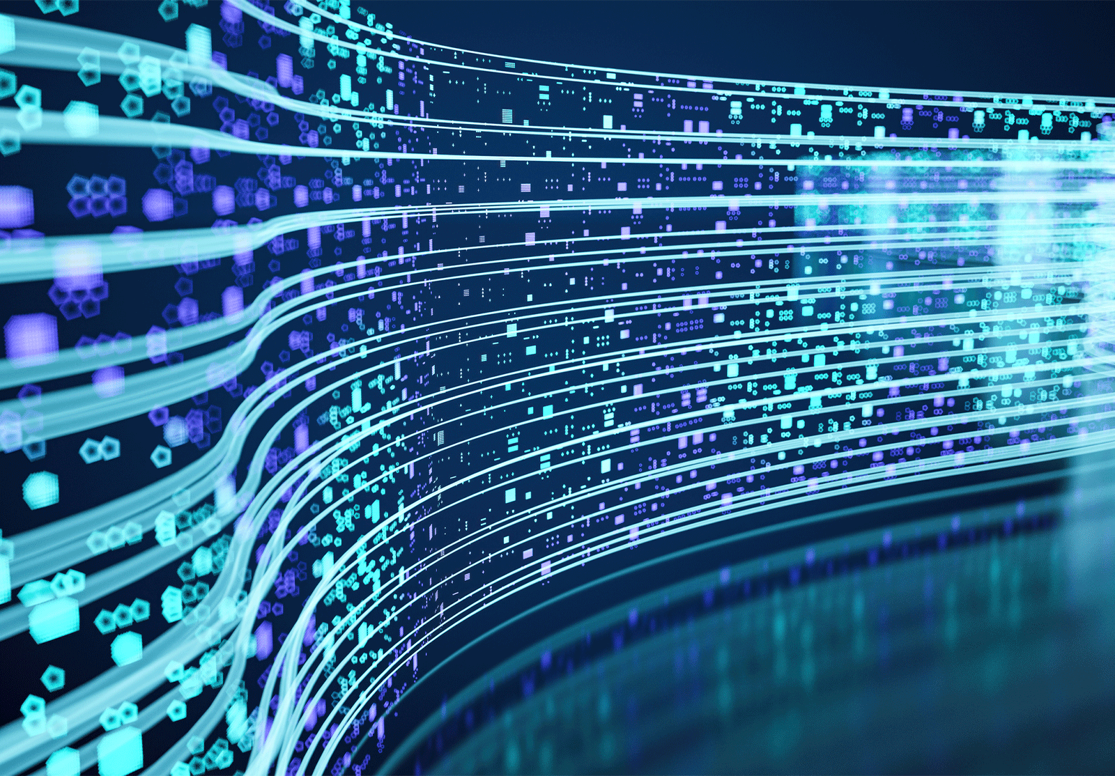 Abstract Flow of Digital Data Streams in Blue Neon Light.