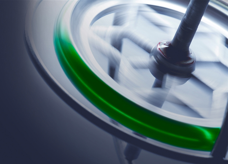 Close-up of grey and green spinning top