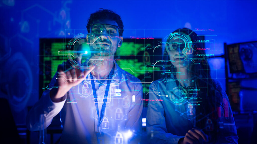 Two professionals working with digital dashboard, touching a screen